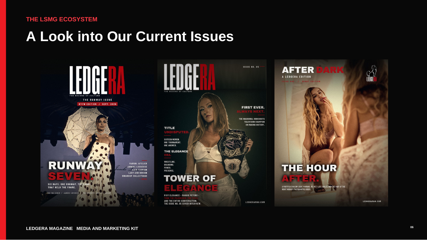LEDGERA issues: Runway Seven, Tower of Elegance and After Dark